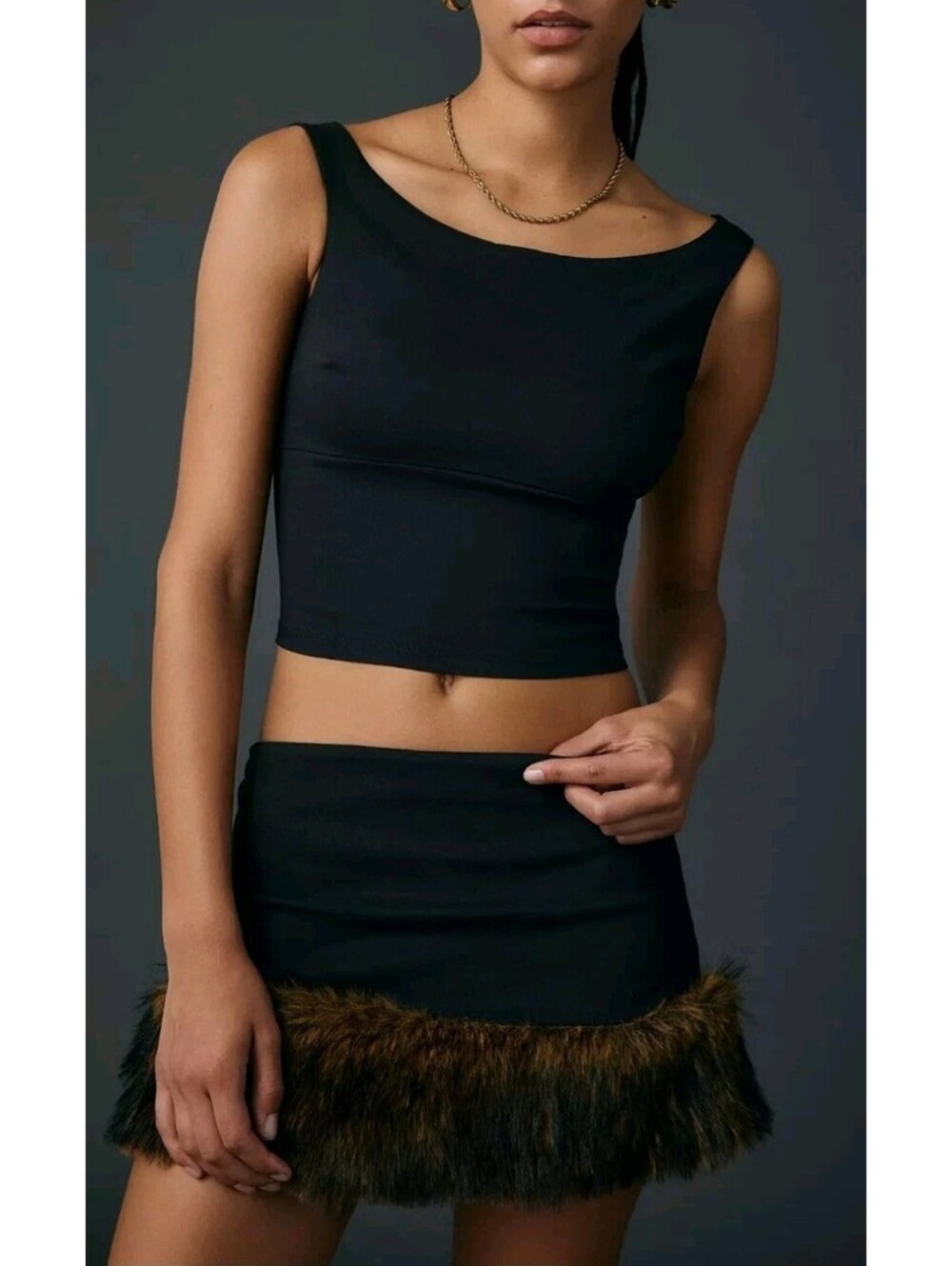 Urban Outfitters NWT Black Faux Fur Trim Mini Skirt Side Zip Y2K Style Size S